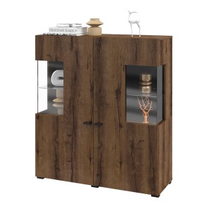 Buffet haut collection KOBEE 2 portes vitrées avec LED intégrée. Couleur chêne foncé et noir.