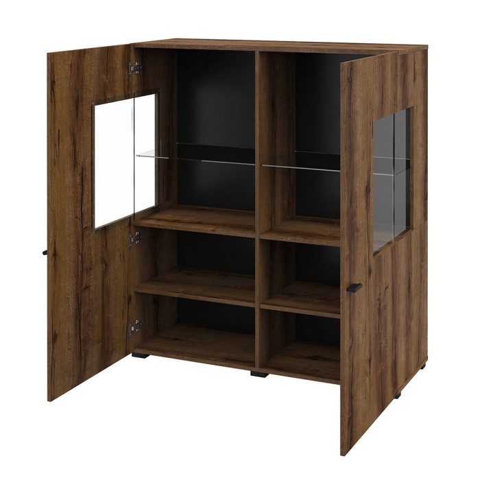 Buffet haut collection KOBEE 2 portes vitrées avec LED intégrée. Couleur chêne foncé et noir.