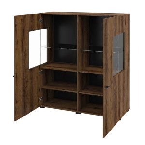 Buffet haut collection KOBEE 2 portes vitrées avec LED intégrée. Couleur chêne foncé et noir.