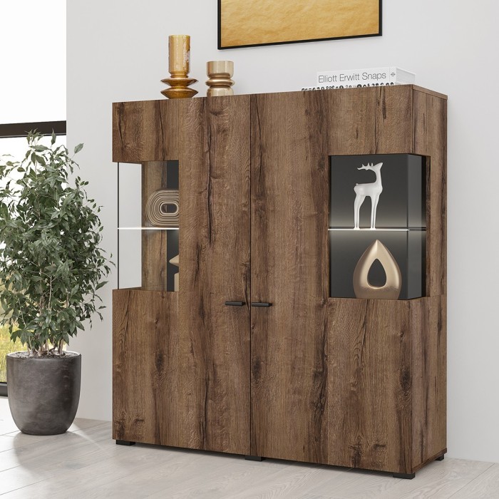 Buffet haut collection KOBEE 2 portes vitrées avec LED intégrée. Couleur chêne foncé et noir.