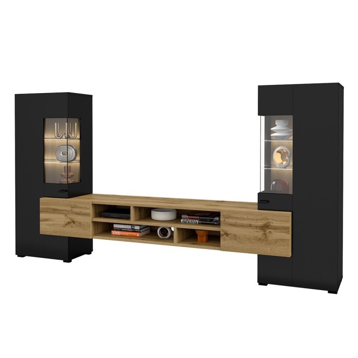 Ensemble de 3 meubles de salon collection KOBEE. Couleur noir et chêne.