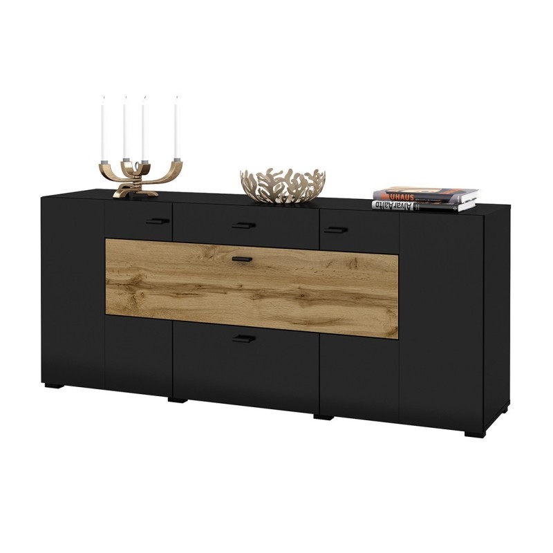 Buffet 165cm collection KOBEE 3 portes et 2 tiroirs. Couleur noir et chêne.