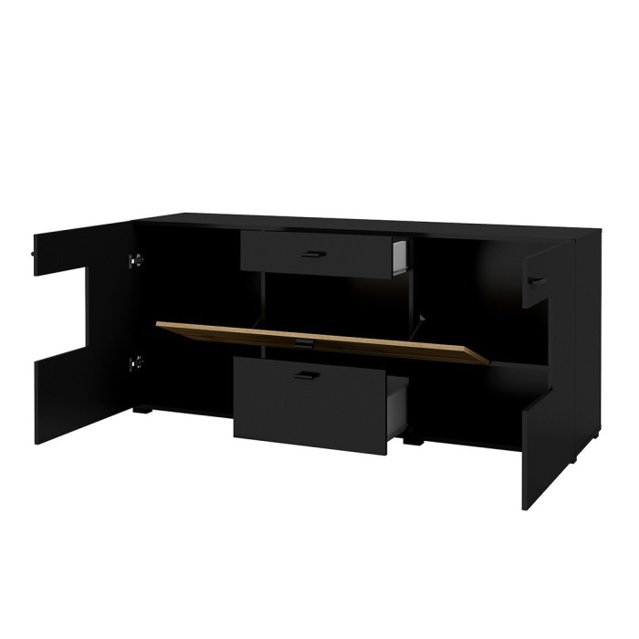 Buffet 165cm collection KOBEE 3 portes et 2 tiroirs. Couleur noir et chêne.