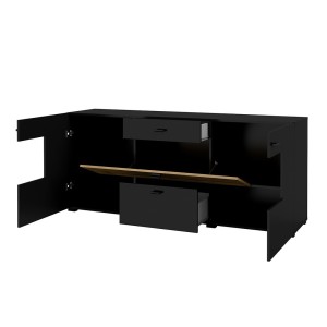 Buffet 165cm collection KOBEE 3 portes et 2 tiroirs. Couleur noir et chêne.