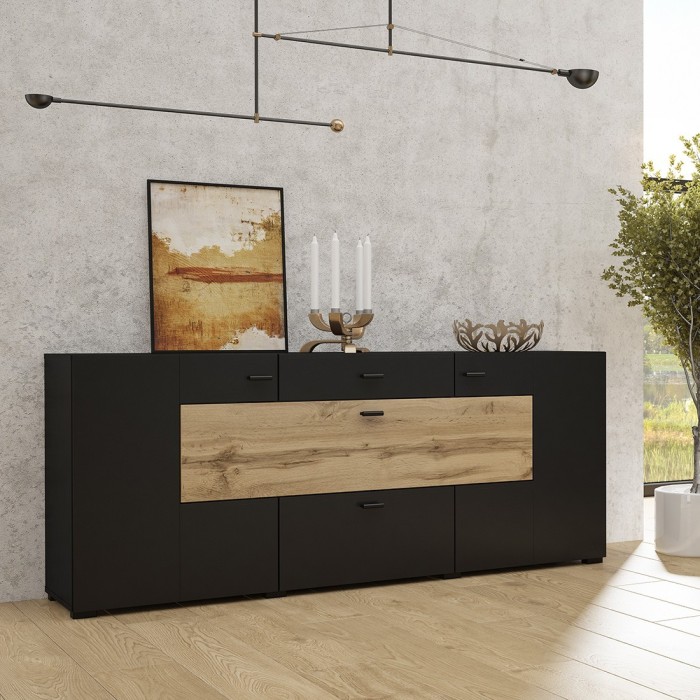 Buffet 165cm collection KOBEE 3 portes et 2 tiroirs. Couleur noir et chêne.