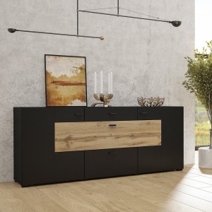 Buffet 165cm collection KOBEE 3 portes et 2 tiroirs. Couleur noir et chêne.
