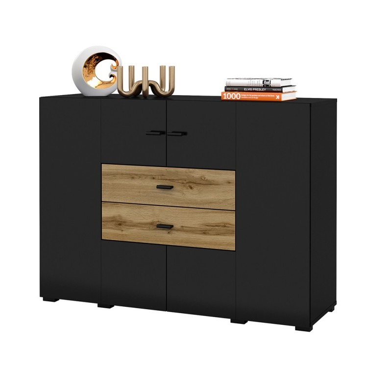 Buffet petit modèle 120cm collection KOBEE 2 portes et 2 tiroirs. Couleur noiret chêne.