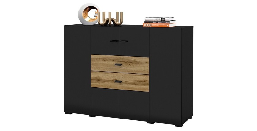 Buffet petit modèle 120cm collection KOBEE 2 portes et 2 tiroirs. Couleur noiret chêne.