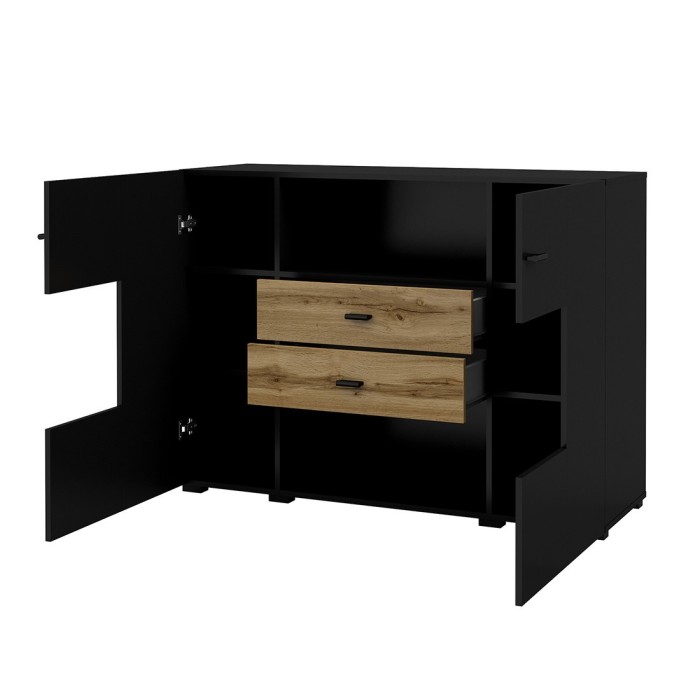 Buffet petit modèle 120cm collection KOBEE 2 portes et 2 tiroirs. Couleur noiret chêne.