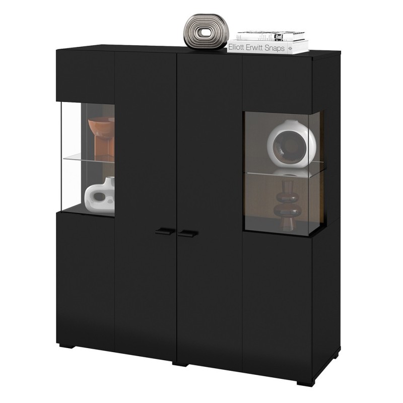 Buffet haut collection KOBEE 2 portes vitrées avec LED intégrée. Couleur noir et chêne.