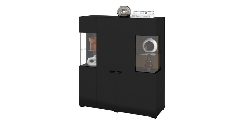 Buffet haut collection KOBEE 2 portes vitrées avec LED intégrée. Couleur noir et chêne.