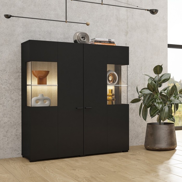 Buffet haut collection KOBEE 2 portes vitrées avec LED intégrée. Couleur noir et chêne.