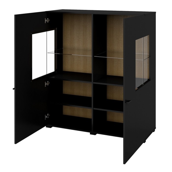 Buffet haut collection KOBEE 2 portes vitrées avec LED intégrée. Couleur noir et chêne.