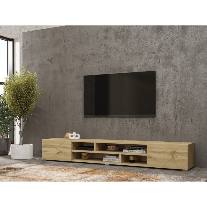 Meuble TV 210cm couleur chêne collection KOBEE. Meuble à poser ou à suspendre.