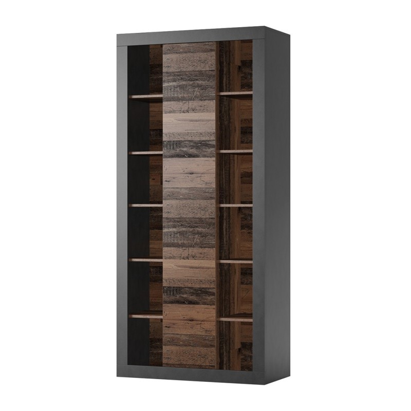 Bibliothèque design avec une grande porte centrale et nombreuses niches coloris chêne foncé et noir mat collection ONYXIA.