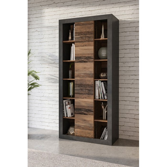 Bibliothèque design avec une grande porte centrale et nombreuses niches coloris chêne foncé et noir mat collection ONYXIA.
