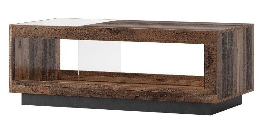 Table basse design collection ONYXIA avec plateau en parti vitré. Couleur chêne foncé et noir mat.