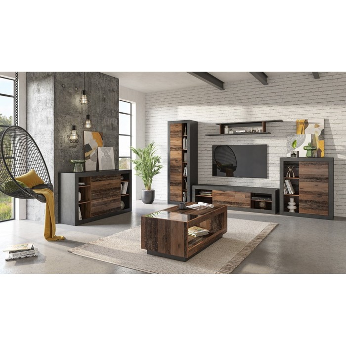 Table basse design collection ONYXIA avec plateau en parti vitré. Couleur chêne foncé et noir mat.