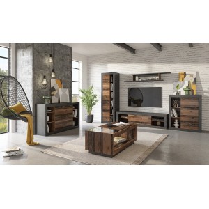 Table basse design collection ONYXIA avec plateau en parti vitré. Couleur chêne foncé et noir mat.