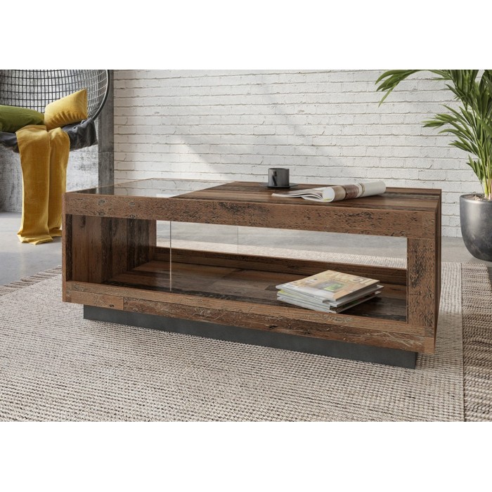 Table basse design collection ONYXIA avec plateau en parti vitré. Couleur chêne foncé et noir mat.