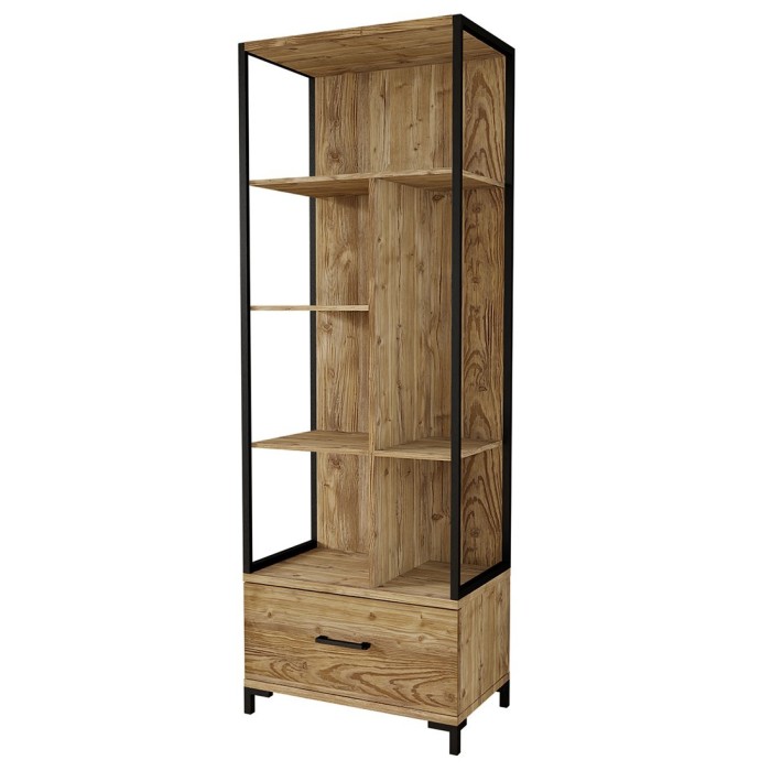 Bibliothèque design avec de nombreux rangements coloris chêne et noir collection JAINA.