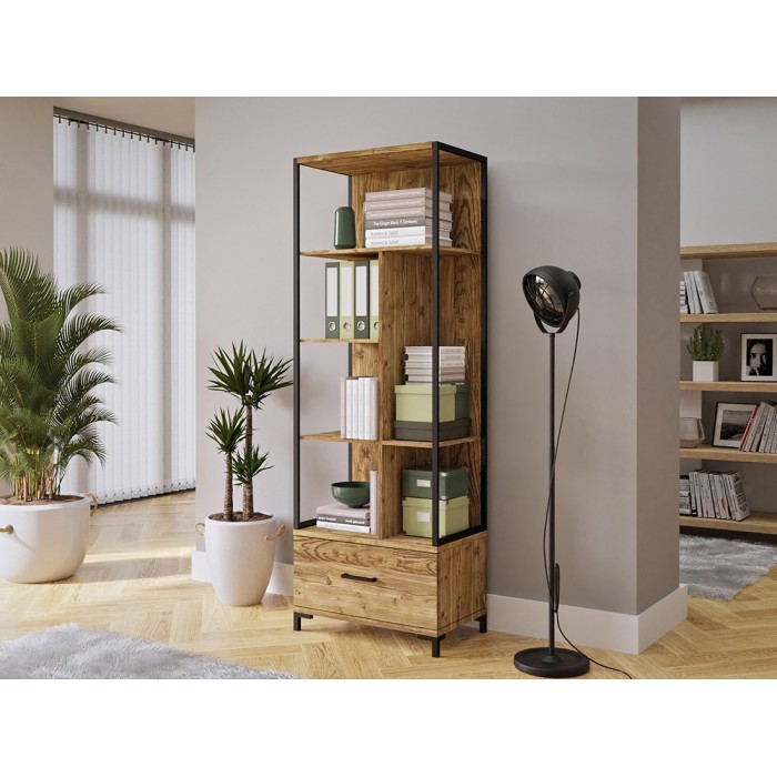 Bibliothèque design avec de nombreux rangements coloris chêne et noir collection JAINA.