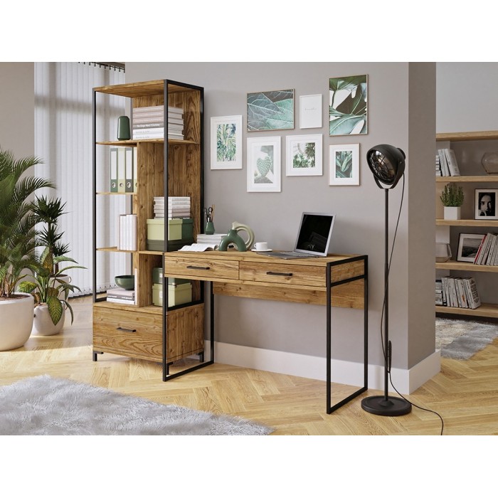 Ensemble bureau console et bibliothèque collection JAINA coloris chêne et noir