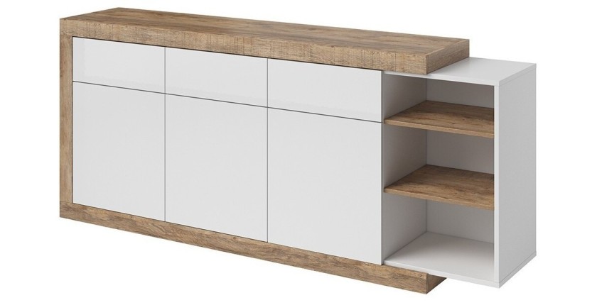 Buffet 200cm coloris chêne et blanc brillant avec nombreux rangements collection SINATRA.