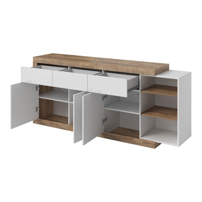 Buffet 200cm coloris chêne et blanc brillant avec nombreux rangements collection SINATRA.