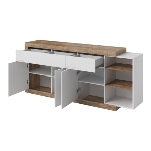 Buffet 200cm coloris chêne et blanc brillant avec nombreux rangements collection SINATRA.