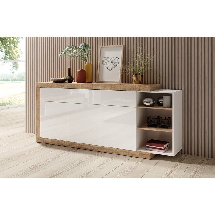 Buffet 200cm coloris chêne et blanc brillant avec nombreux rangements collection SINATRA.