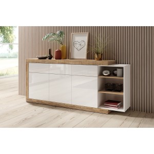 Buffet 200cm coloris chêne et blanc brillant avec nombreux rangements collection SINATRA.
