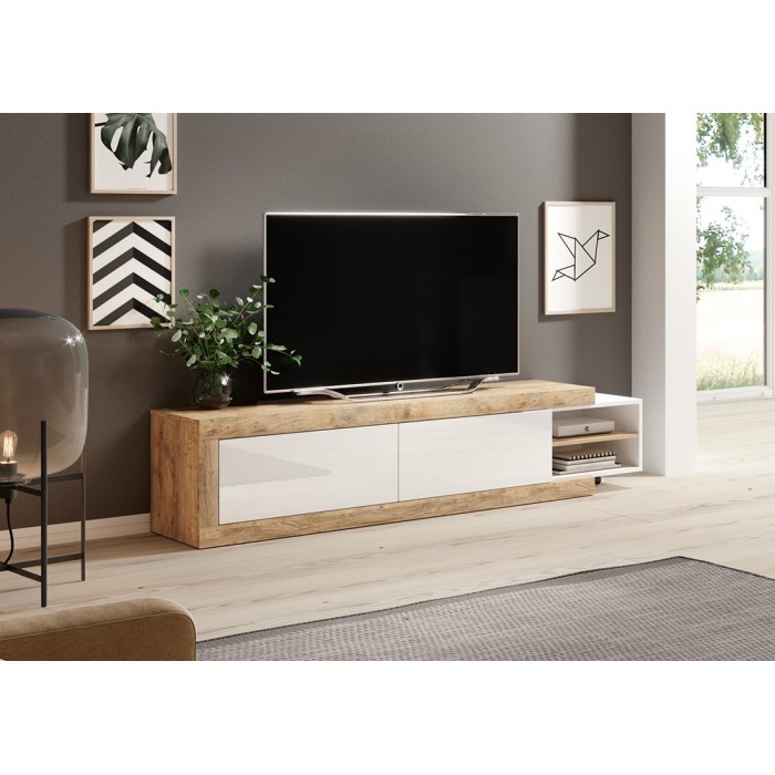 Meuble TV extensible de 200 à 240 cm couleur chêne et blanc brillant collection SINATRA.