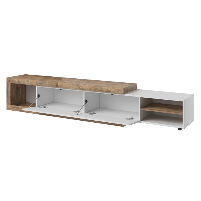 Meuble TV extensible de 200 à 240 cm couleur chêne et blanc brillant collection SINATRA.