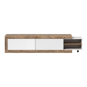 Meuble TV extensible de 200 à 240 cm couleur chêne et blanc brillant collection SINATRA.