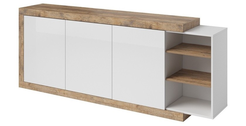 Buffet XL 220cm coloris chêne et blanc brillant avec nombreux rangements collection SINATRA.