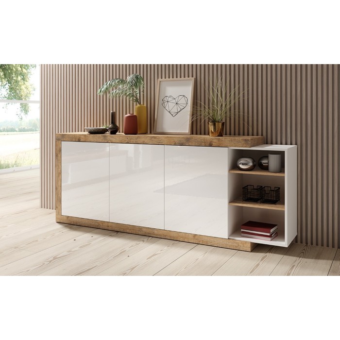 Buffet XL 220cm coloris chêne et blanc brillant avec nombreux rangements collection SINATRA.