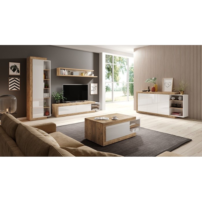 Ensemble de 5 meubles de salon collection SINATRA. Couleur chêne et blanc brillant.