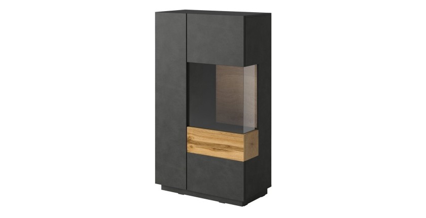 Buffet haut avec LED collection KILES deux portes. Coloris gris anthracite et chêne. Porte vitrée à droite