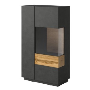 Buffet haut avec LED collection KILES deux portes. Coloris gris anthracite et chêne. Porte vitrée à droite