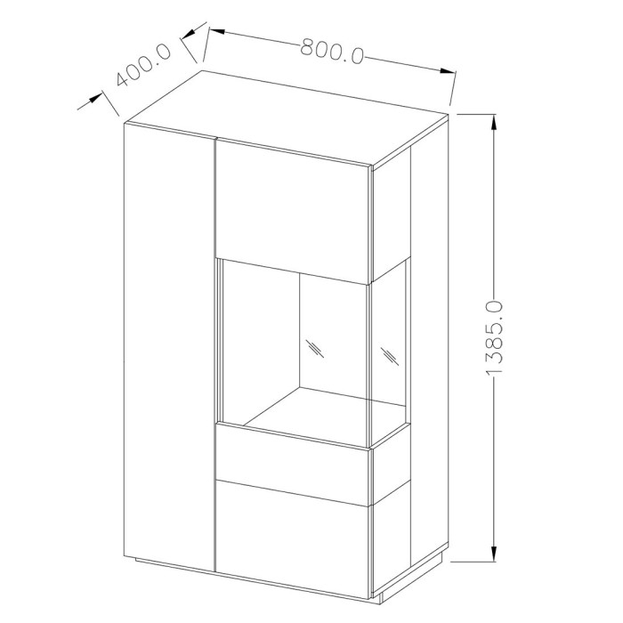Buffet haut avec LED collection KILES deux portes. Coloris gris anthracite et chêne. Porte vitrée à droite