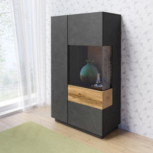 Buffet haut avec LED collection KILES deux portes. Coloris gris anthracite et chêne. Porte vitrée à droite