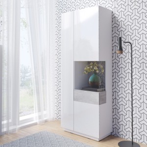 Vitrine, bibliothèque, vaisselier KILES coloris blanc et gris. Modèle vitrine droite. LED intégrée