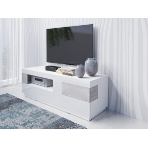 Meuble TV 160cm collection KILES. Coloris blanc et gris. Style design. LED intégrée