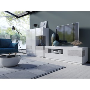 Meuble TV 160cm collection KILES. Coloris blanc et gris. Style design. LED intégrée
