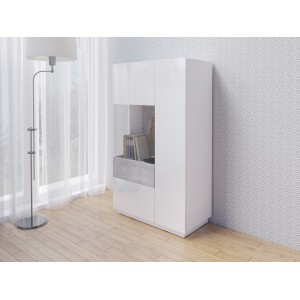 Buffet haut avec LED collection KILES deux portes. Coloris blanc et gris béton. Porte vitrée à gauche