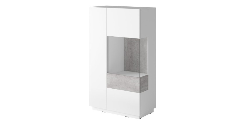 Buffet haut avec LED collection KILES deux portes. Coloris blanc et gris béton. Porte vitrée à droite