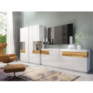 Vitrine, bibliothèque, vaisselier KILES coloris blanc et chêne. Modèle vitrine droite. LED intégrée