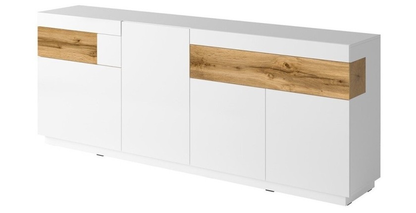 Buffet, bahut, enfilade KILES trois portes, deux tiroirs. Coloris blanc et chêne. Style design.