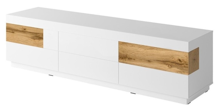 Meuble TV XL 200cm collection KILES. Coloris blanc et chêne. Style design.